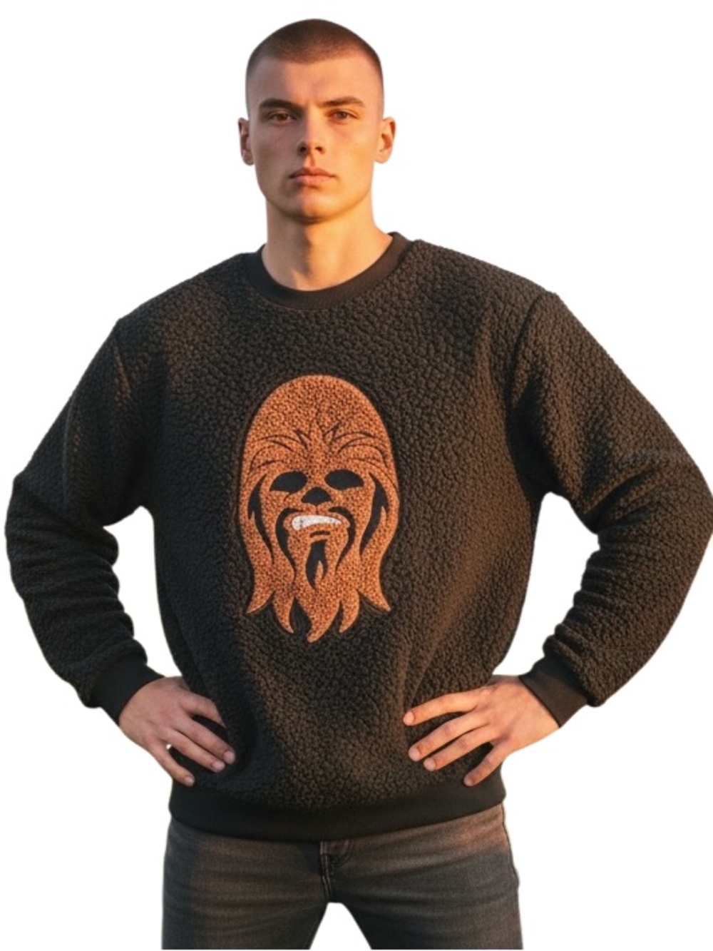 STAR WARS Men’s Black Crewneck Sweatshirt with Brown Chewbacca Patch